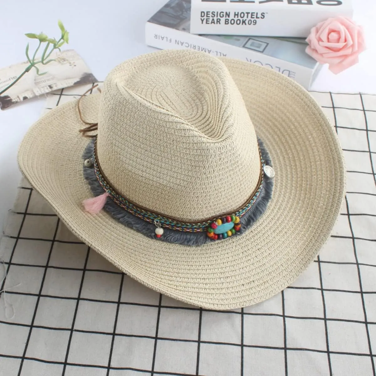 Mens Straw Cowgirl Cowboy Hat Women Floppy Packable Wide Brim Sun Hat UPF50 Western Panama Travel Beach Cap Fedora Bucket Hat