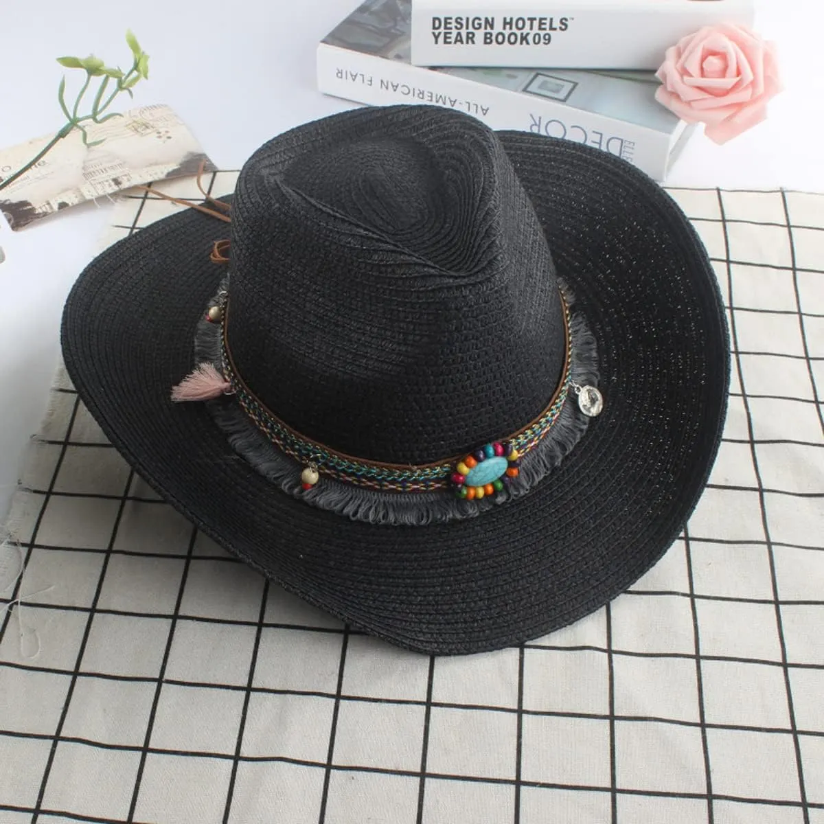 Mens Straw Cowgirl Cowboy Hat Women Floppy Packable Wide Brim Sun Hat UPF50 Western Panama Travel Beach Cap Fedora Bucket Hat