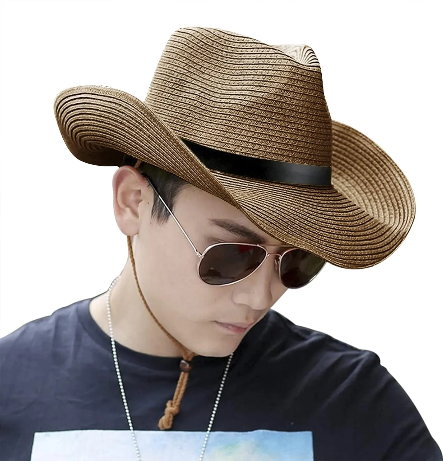 Mens Straw Cowgirl Cowboy Hat Women Floppy Packable Wide Brim Sun Hat UPF50 Western Panama Travel Beach Cap Fedora Bucket Hat