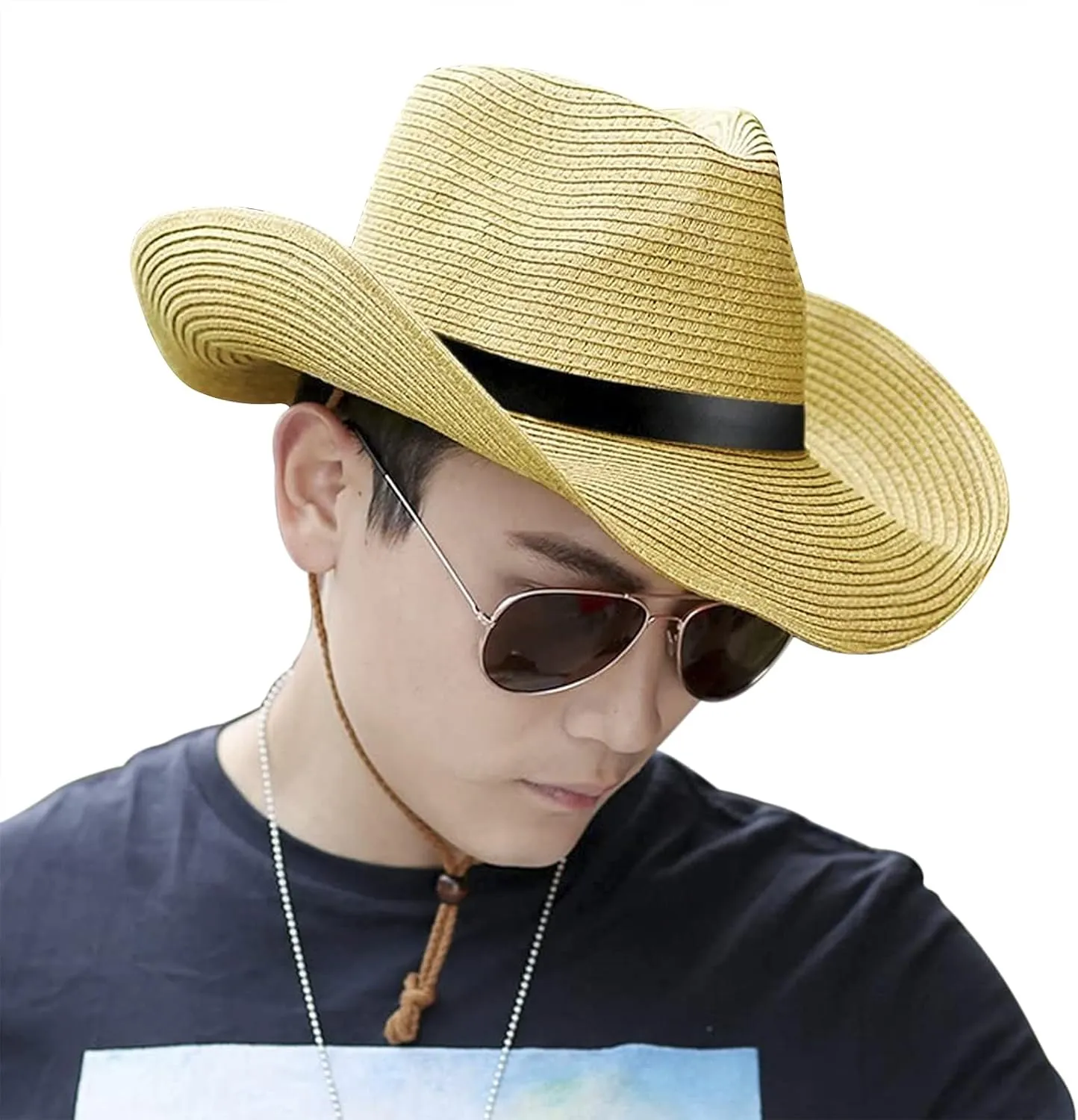 Mens Straw Cowgirl Cowboy Hat Women Floppy Packable Wide Brim Sun Hat UPF50 Western Panama Travel Beach Cap Fedora Bucket Hat