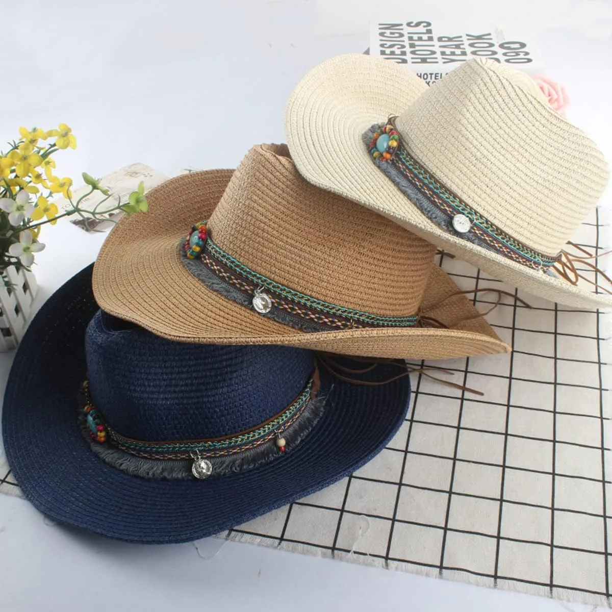Mens Straw Cowgirl Cowboy Hat Women Floppy Packable Wide Brim Sun Hat UPF50 Western Panama Travel Beach Cap Fedora Bucket Hat