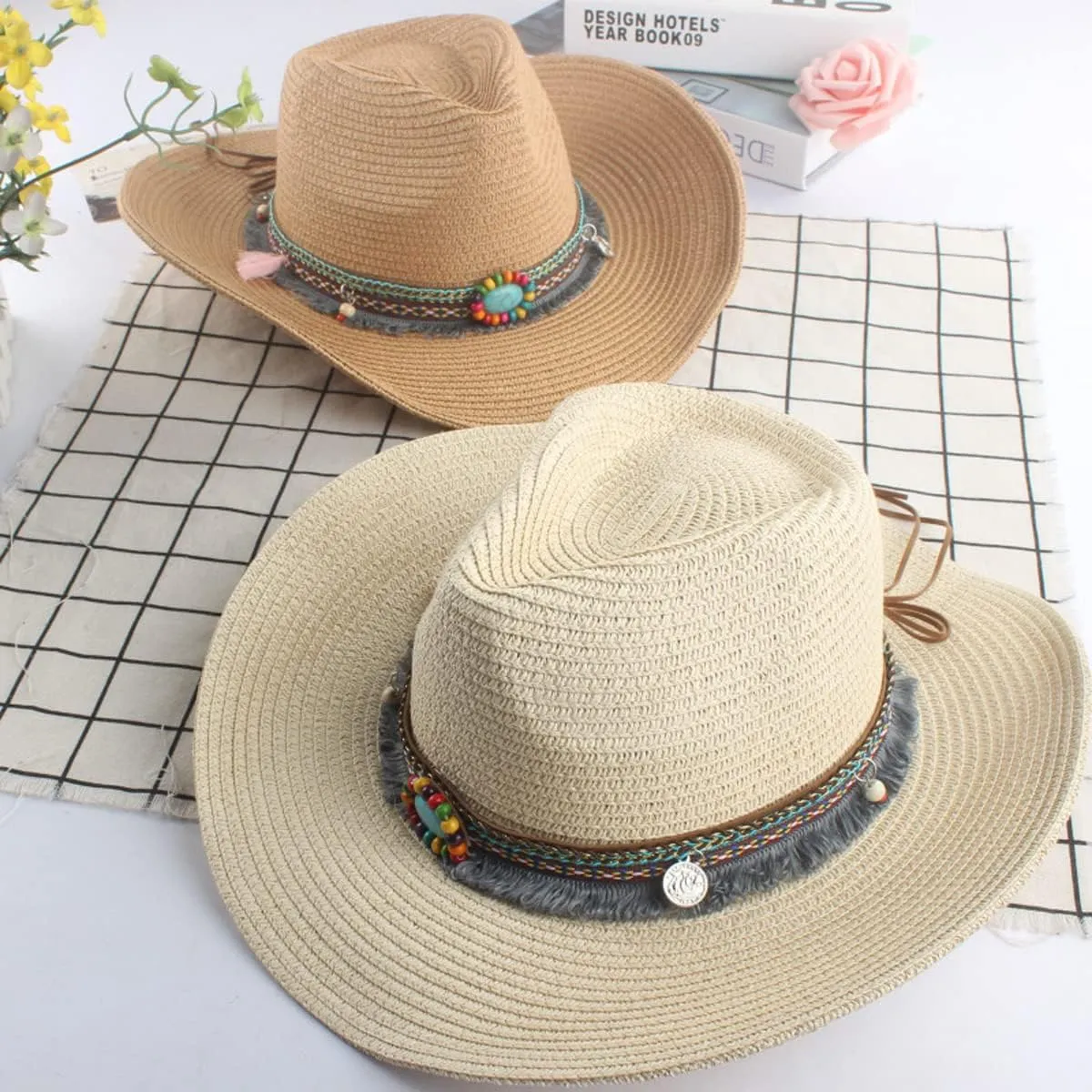 Mens Straw Cowgirl Cowboy Hat Women Floppy Packable Wide Brim Sun Hat UPF50 Western Panama Travel Beach Cap Fedora Bucket Hat