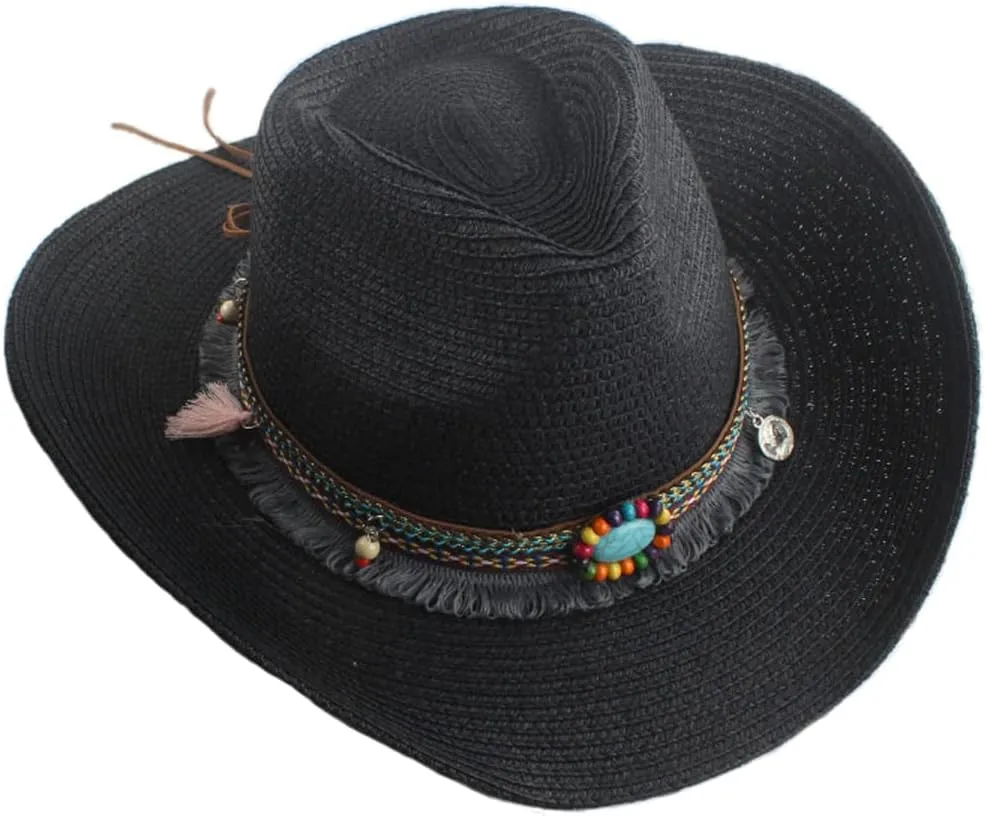 Mens Straw Cowgirl Cowboy Hat Women Floppy Packable Wide Brim Sun Hat UPF50 Western Panama Travel Beach Cap Fedora Bucket Hat