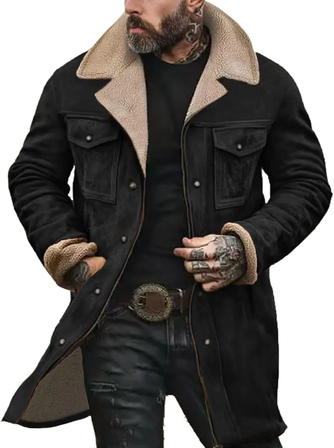 Mens Suede Long Trench Coats Washed Distressed Western Vintage Jackets Big&Tall Fleece Warm Pea Coat Military Windbreaker