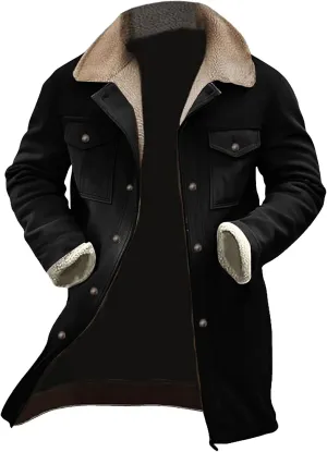 Mens Suede Long Trench Coats Washed Distressed Western Vintage Jackets Big&Tall Fleece Warm Pea Coat Military Windbreaker