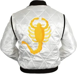 Mens White Lightweight Bomber Varsity Reversible Vintage Embroidered Scorpio Logo Quilted Satin Jacket
