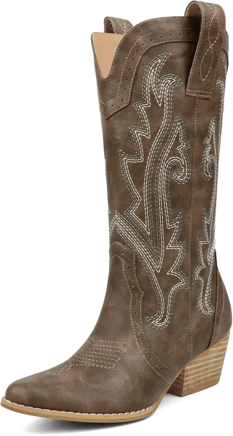 MERUMOTE Women's Pointed Toe Embroidered Western Cowboy Pull On Winter Ankle Boots