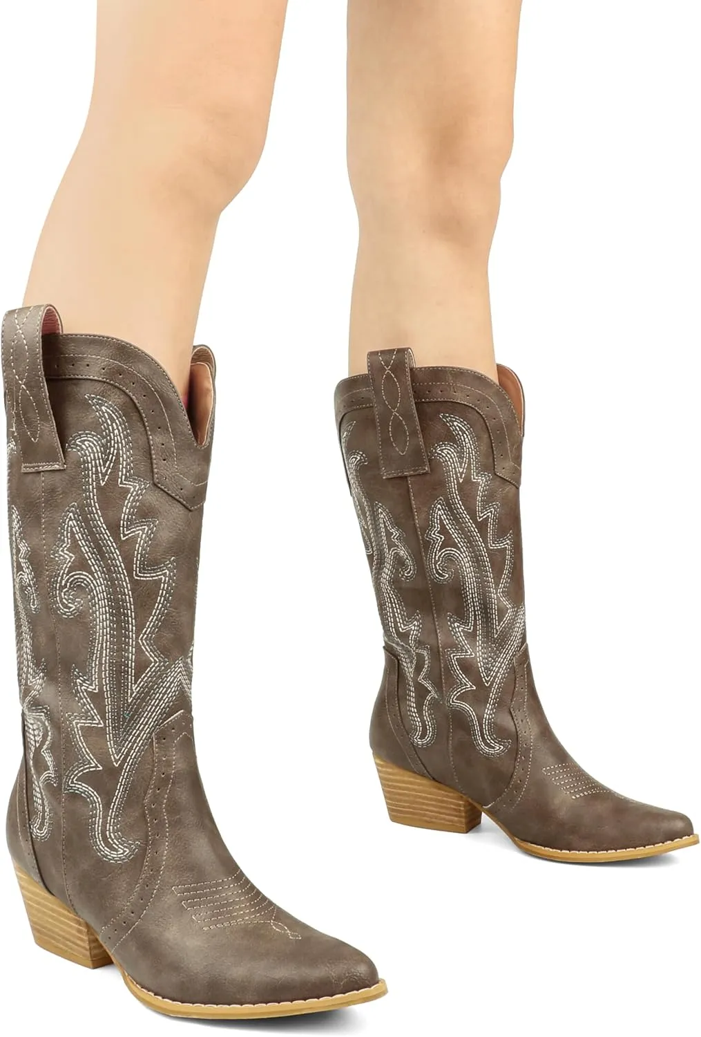 MERUMOTE Women's Pointed Toe Embroidered Western Cowboy Pull On Winter Ankle Boots