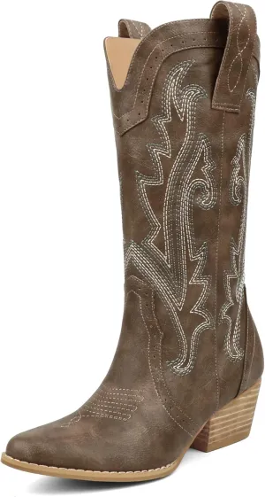 MERUMOTE Women's Pointed Toe Embroidered Western Cowboy Pull On Winter Ankle Boots