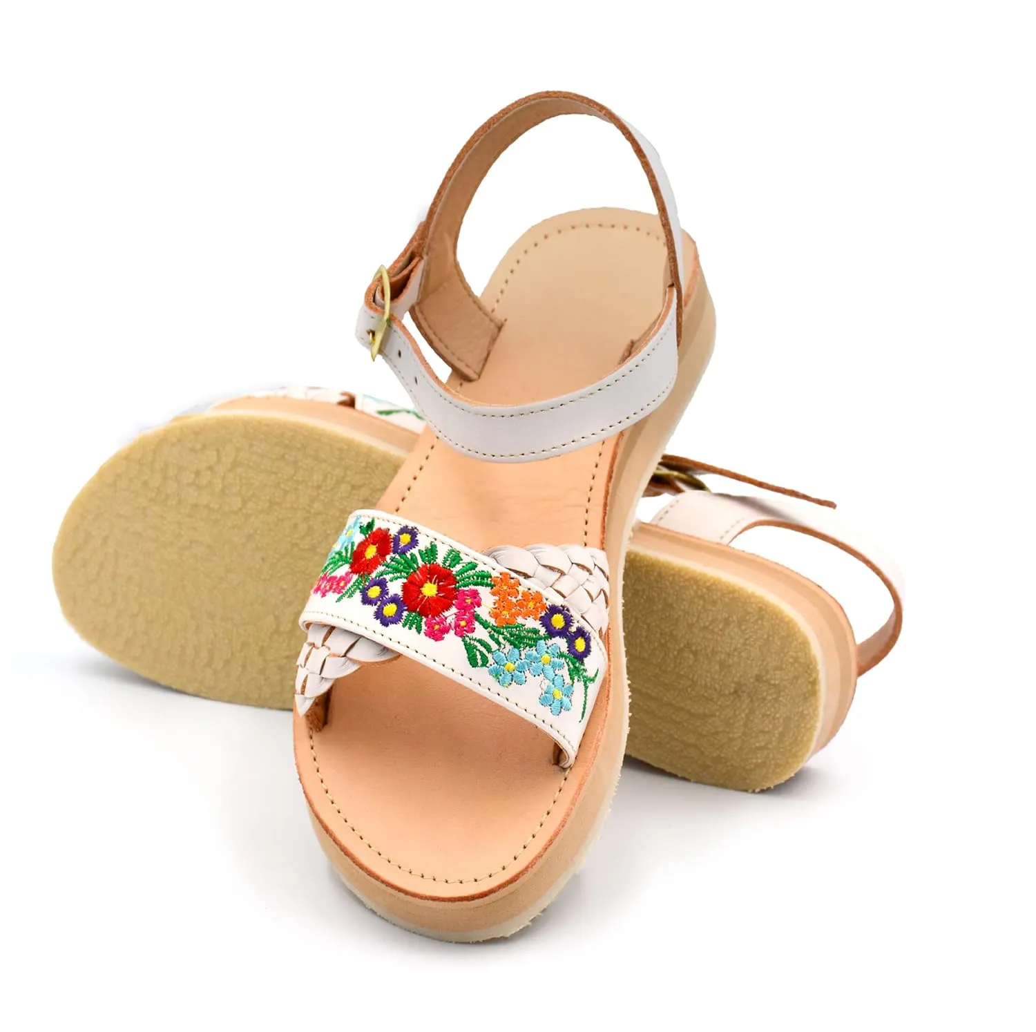 Mexican Leather Sandals with Embroidered Flowers and Braided Strap for Women - Model 949 (8, WHITE)