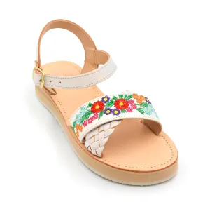 Mexican Leather Sandals with Embroidered Flowers and Braided Strap for Women - Model 949 (8, WHITE)
