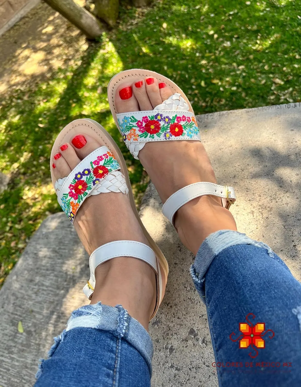 Mexican Leather Sandals with Embroidered Flowers and Braided Strap for Women - Model 949 (8, WHITE)