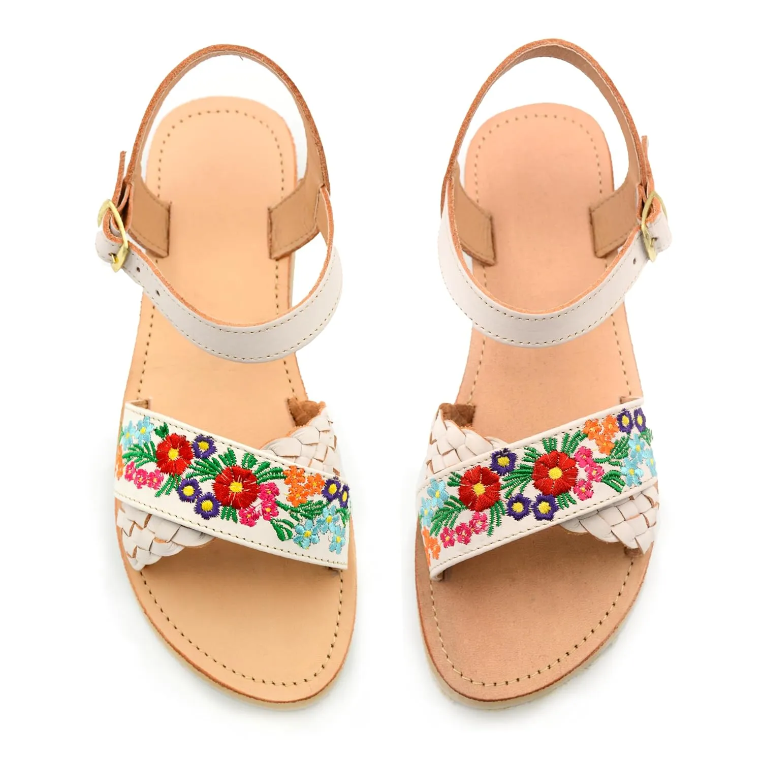 Mexican Leather Sandals with Embroidered Flowers and Braided Strap for Women - Model 949 (8, WHITE)