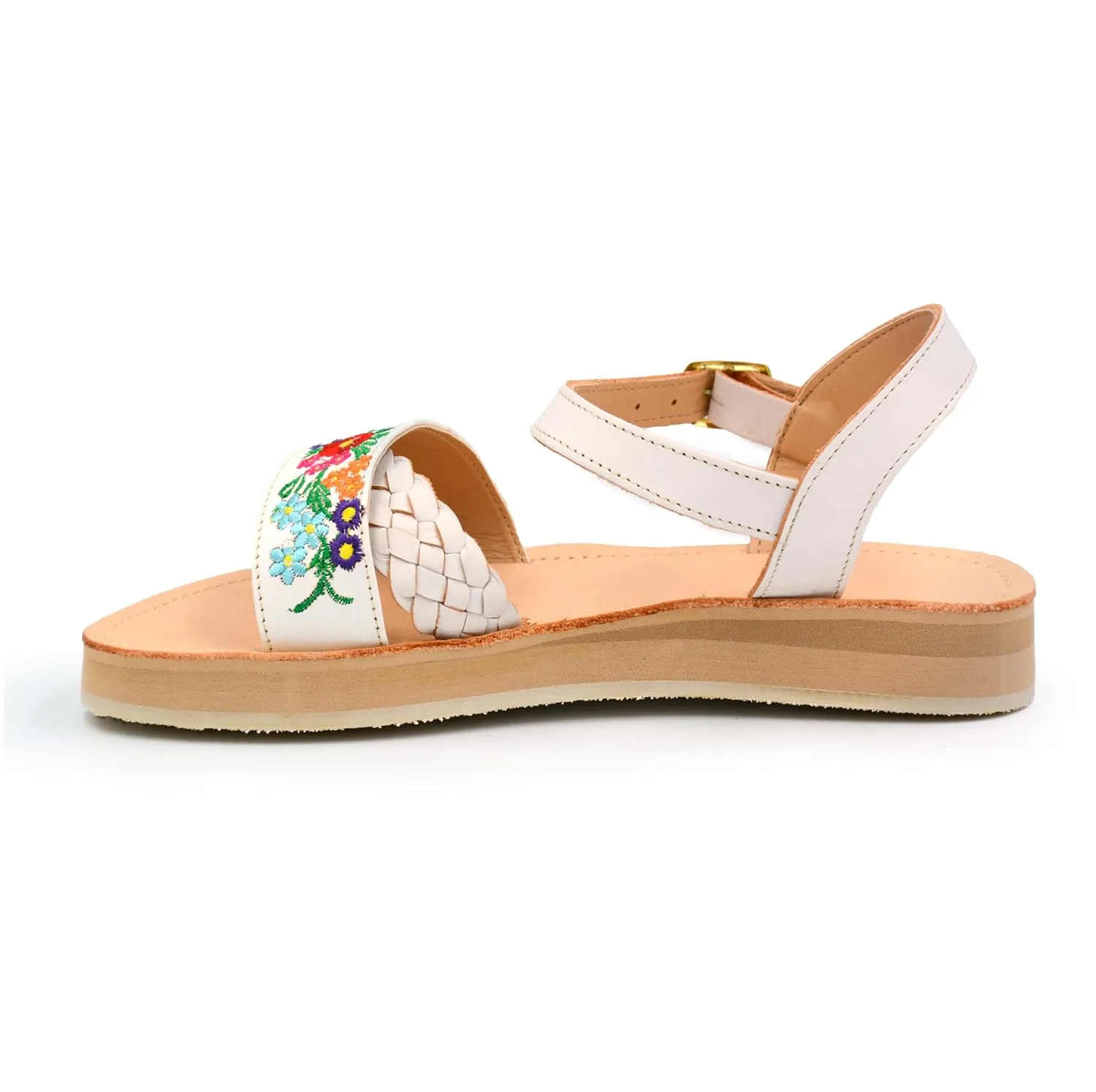 Mexican Leather Sandals with Embroidered Flowers and Braided Strap for Women - Model 949 (8, WHITE)