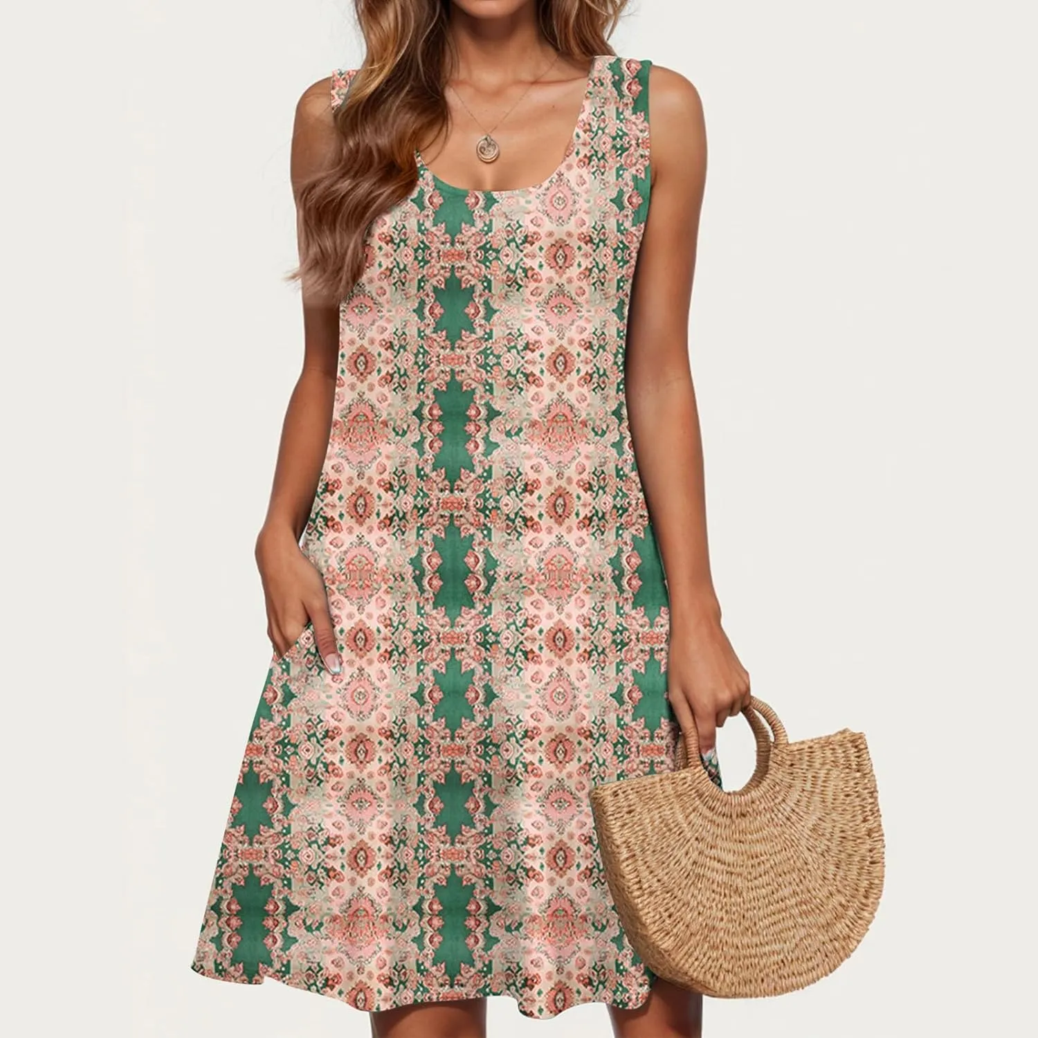 Midi Dress for Women Floral Print Sleeveless Summer Dresses Boho Flowy Casual Dress Beach Vacation Sundress