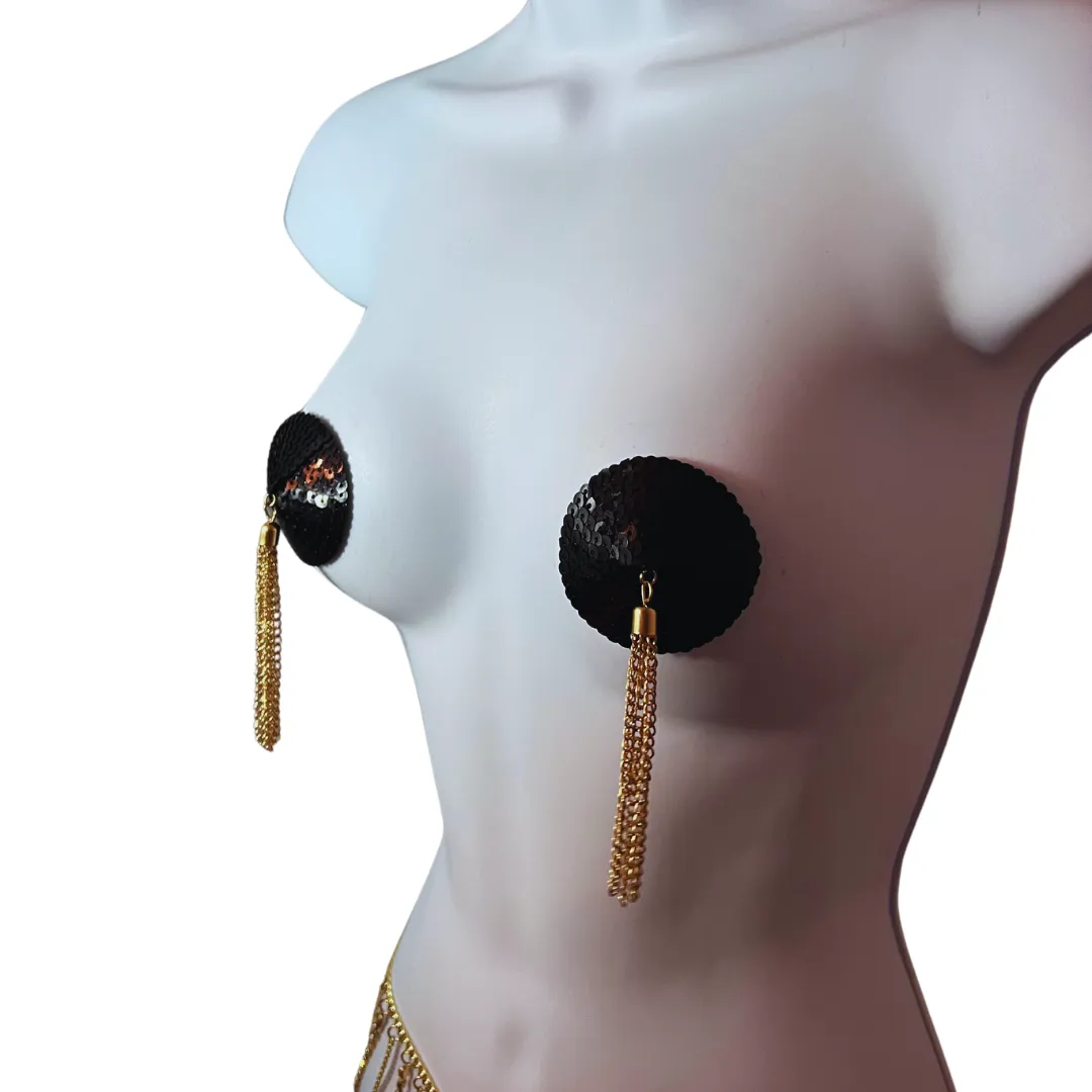 MIDNIGHT MIRAGE Black Sequin Nipple Pasty, Nipple Cover (2pcs) with Gold Chain Tassels for Lingerie Carnival Burlesque Rave