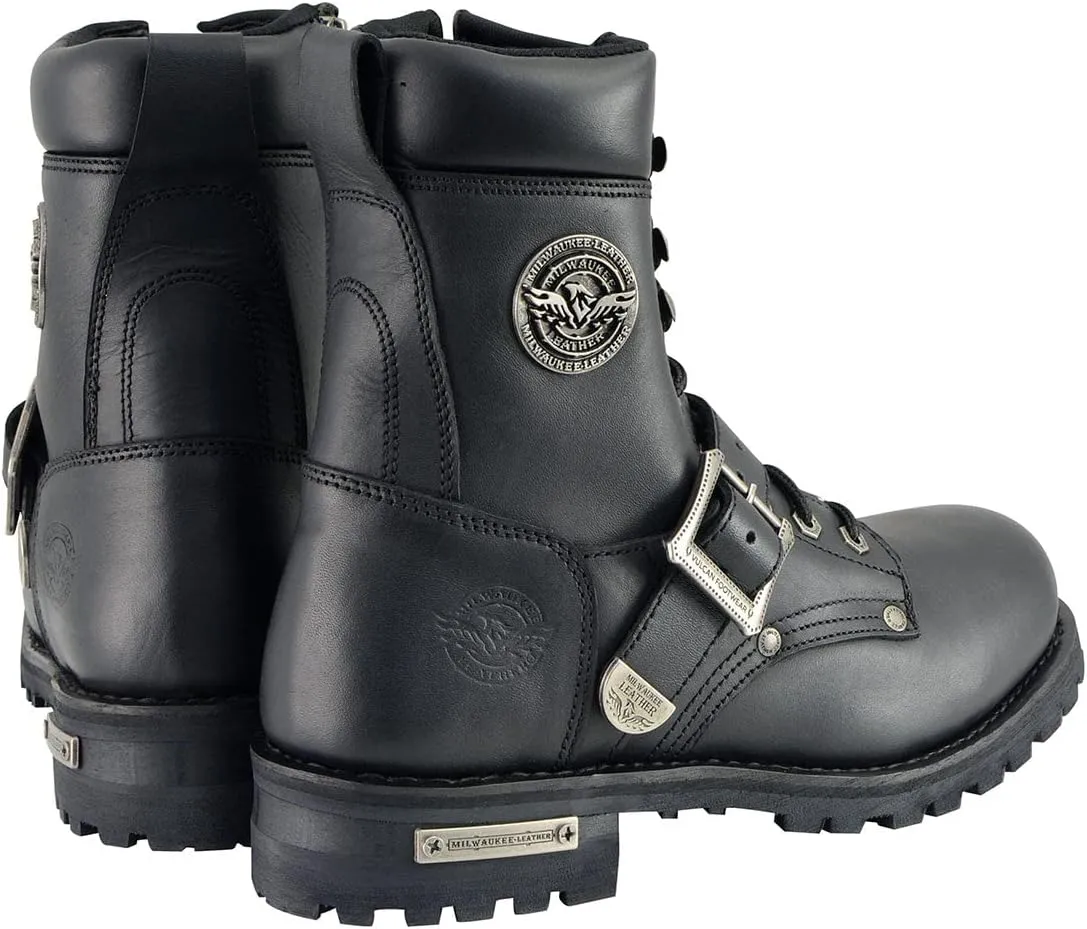 Milwaukee Leather Men's Black Leather Lace-Up Engineer Motorcycle Boots w/Buckles and Side Zipper MBM101-12