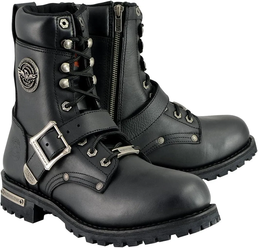 Milwaukee Leather Men's Black Leather Lace-Up Engineer Motorcycle Boots w/Buckles and Side Zipper MBM101-12