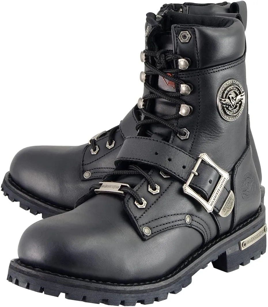 Milwaukee Leather Men's Black Leather Lace-Up Engineer Motorcycle Boots w/Buckles and Side Zipper MBM101-12
