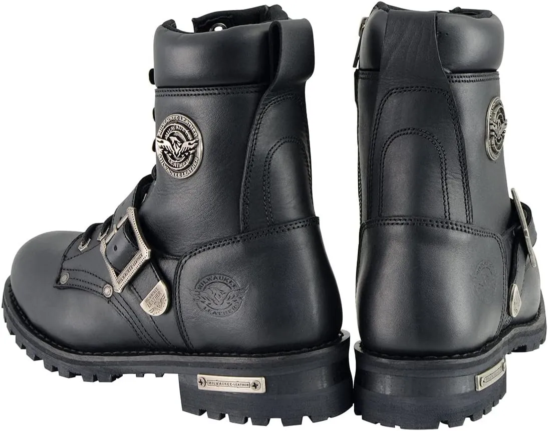 Milwaukee Leather Men's Black Leather Lace-Up Engineer Motorcycle Boots w/Buckles and Side Zipper MBM101-12