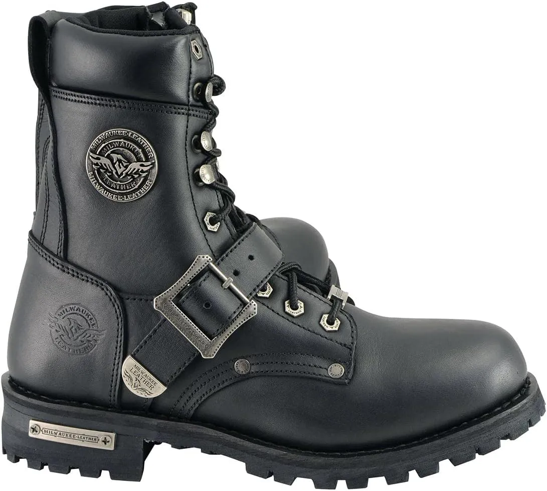 Milwaukee Leather Men's Black Leather Lace-Up Engineer Motorcycle Boots w/Buckles and Side Zipper MBM101-12
