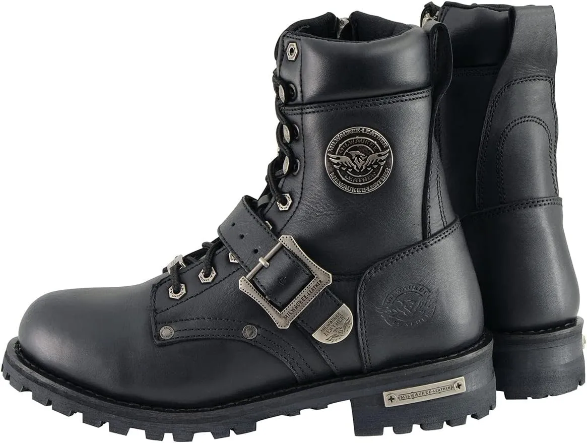 Milwaukee Leather Men's Black Leather Lace-Up Engineer Motorcycle Boots w/Buckles and Side Zipper MBM101-12