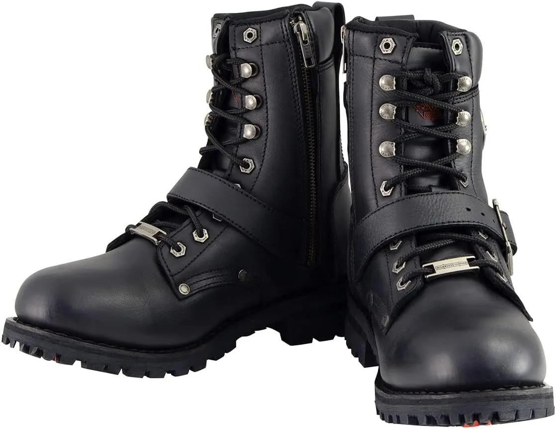 Milwaukee Leather Men's Black Leather Lace-Up Engineer Motorcycle Boots w/Buckles and Side Zipper MBM101-12