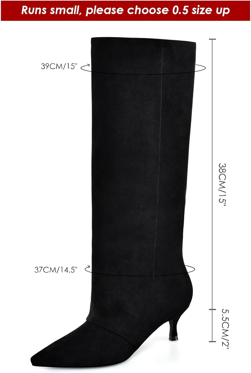 MIRAAZZURRA Knee High Boots Kitten Heel Tall Boots Low Heel Pointed Toe Pull on Slouchy Fashion Long Boots for Women