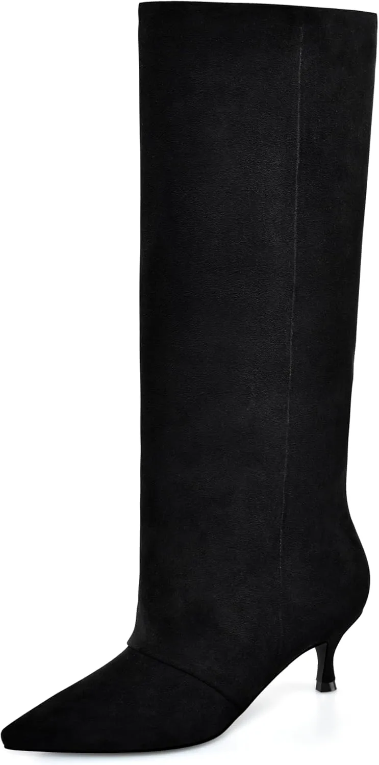 MIRAAZZURRA Knee High Boots Kitten Heel Tall Boots Low Heel Pointed Toe Pull on Slouchy Fashion Long Boots for Women