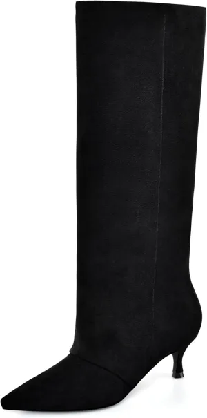 MIRAAZZURRA Knee High Boots Kitten Heel Tall Boots Low Heel Pointed Toe Pull on Slouchy Fashion Long Boots for Women