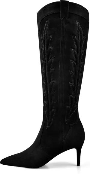 MIRAAZZURRA Knee High Boots Women Suede Cowboy Boots Pointed Toe Kitten Heel Western Embroidered Cowgirl Boot with Side Zipper