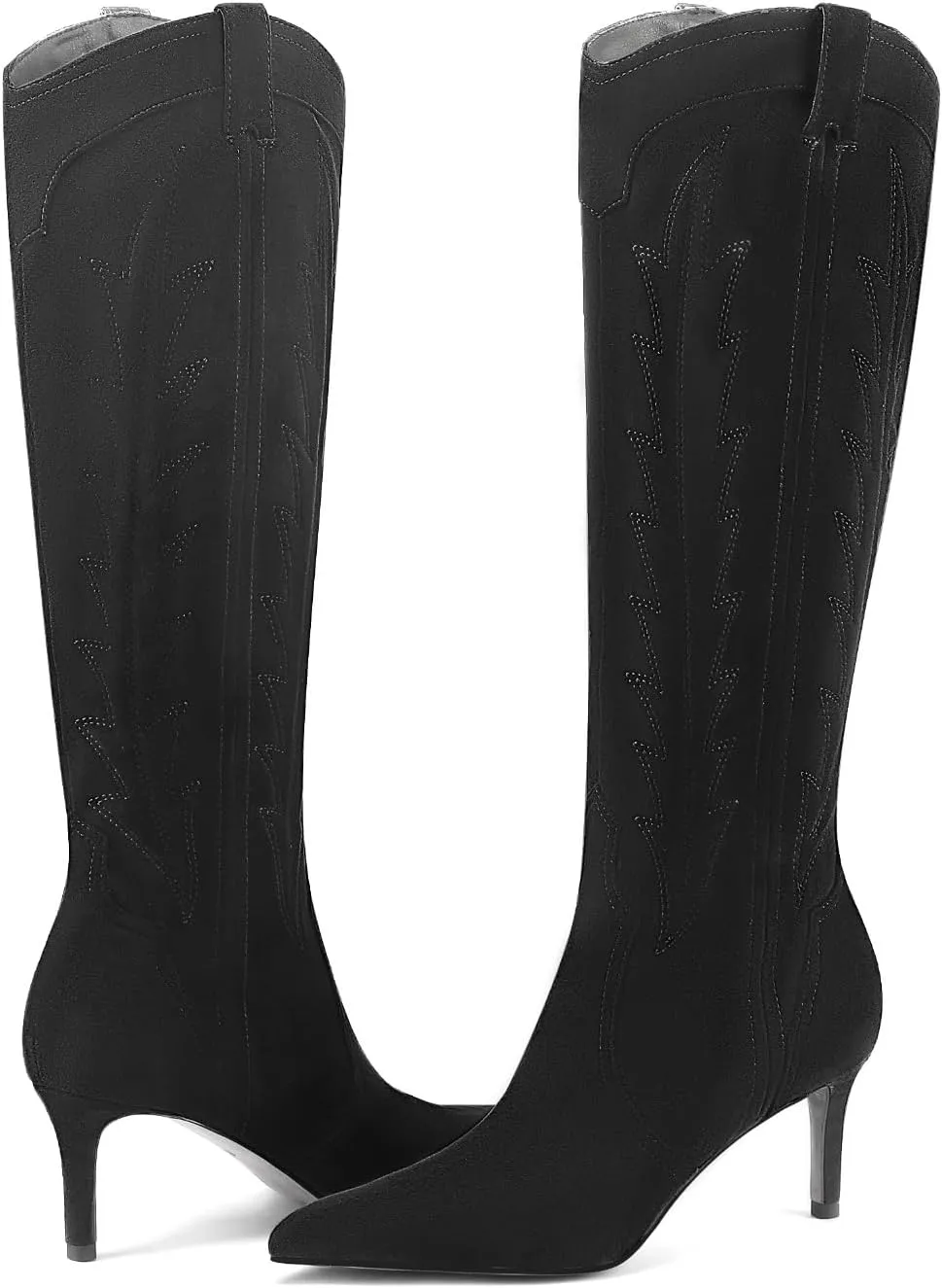 MIRAAZZURRA Knee High Boots Women Suede Cowboy Boots Pointed Toe Kitten Heel Western Embroidered Cowgirl Boot with Side Zipper