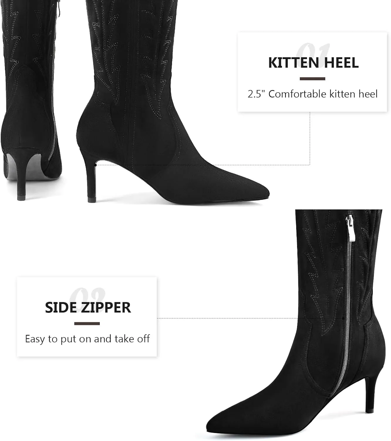 MIRAAZZURRA Knee High Boots Women Suede Cowboy Boots Pointed Toe Kitten Heel Western Embroidered Cowgirl Boot with Side Zipper