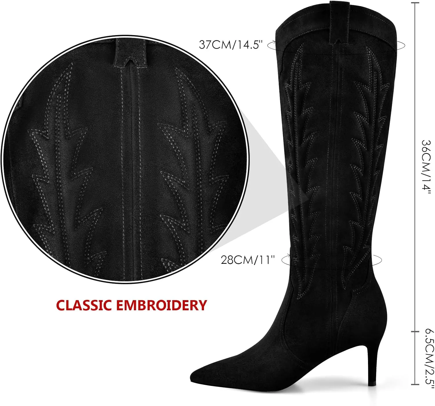 MIRAAZZURRA Knee High Boots Women Suede Cowboy Boots Pointed Toe Kitten Heel Western Embroidered Cowgirl Boot with Side Zipper