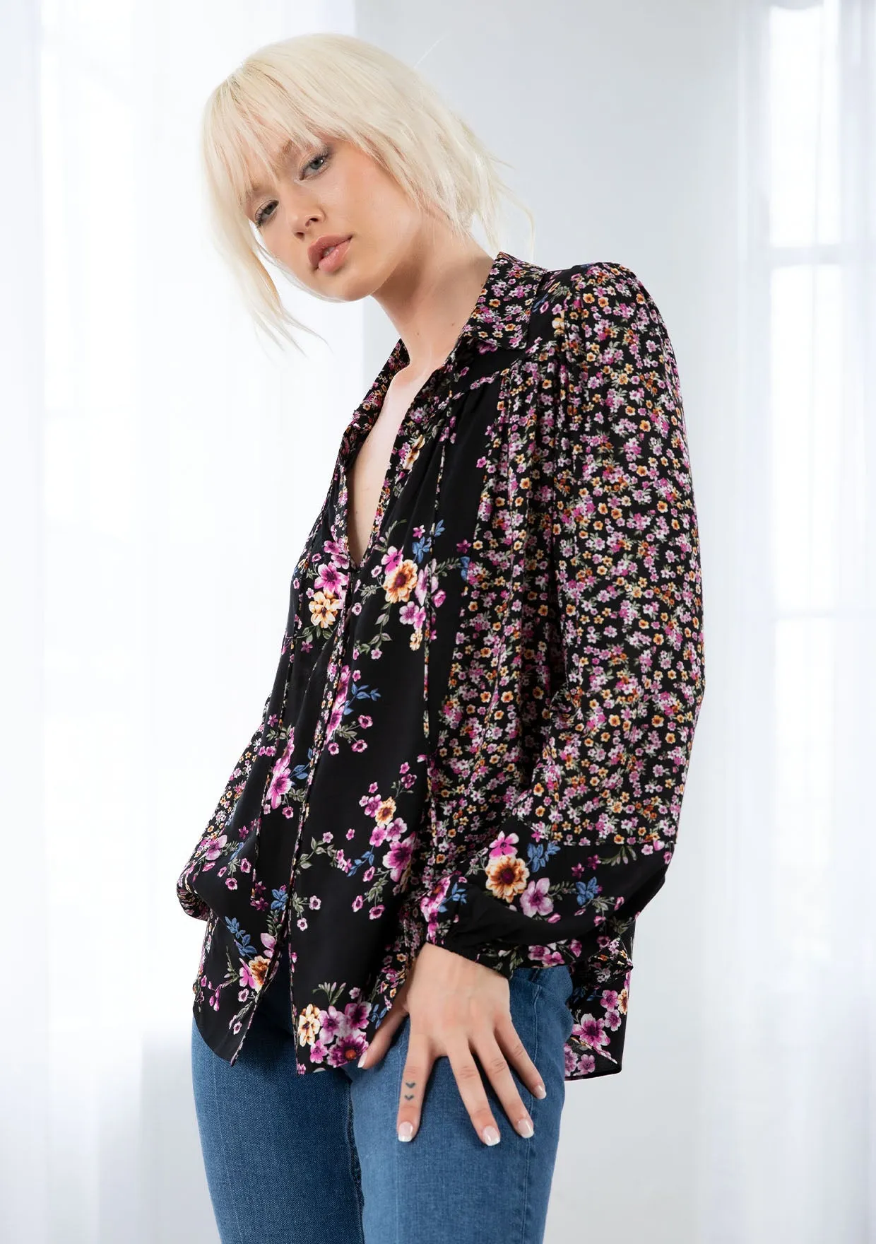 Mixed Challis Long Sleeve Button Front Top