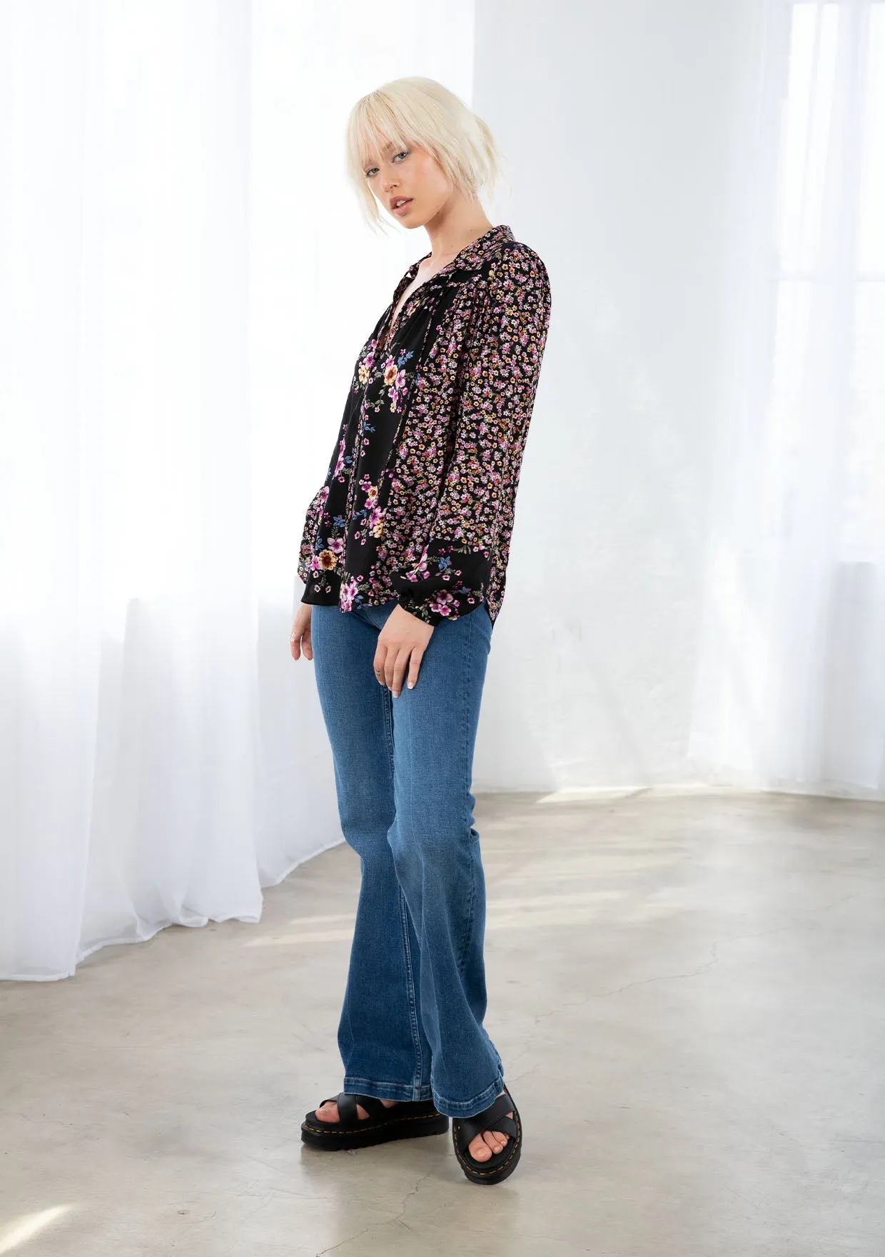 Mixed Challis Long Sleeve Button Front Top