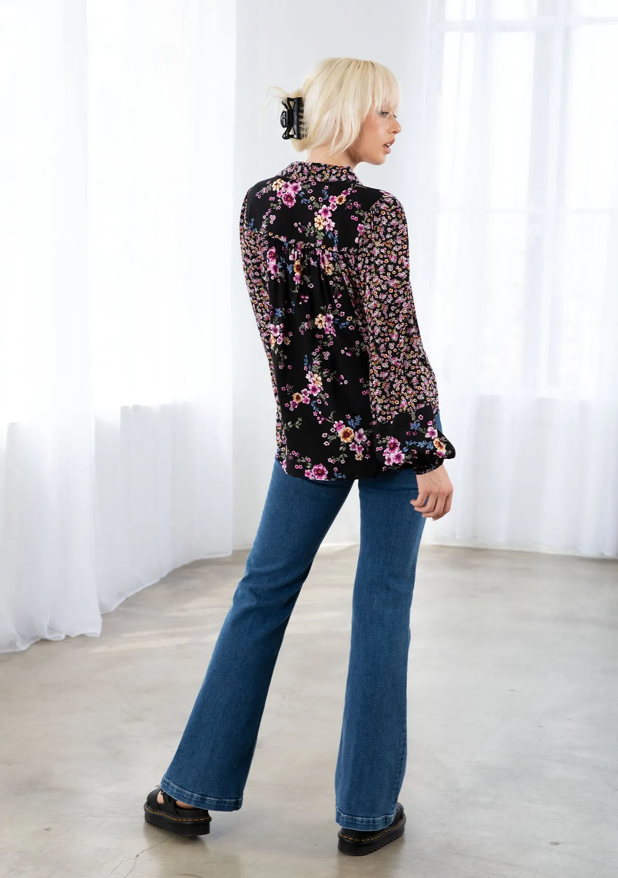 Mixed Challis Long Sleeve Button Front Top