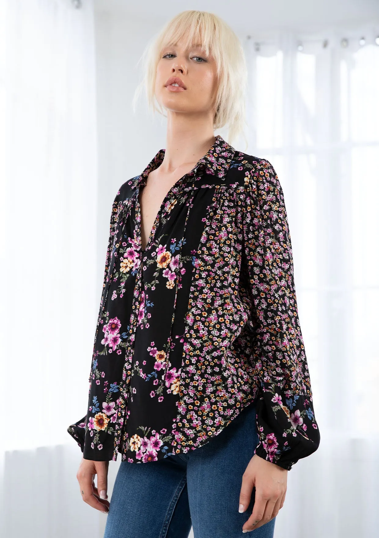 Mixed Challis Long Sleeve Button Front Top