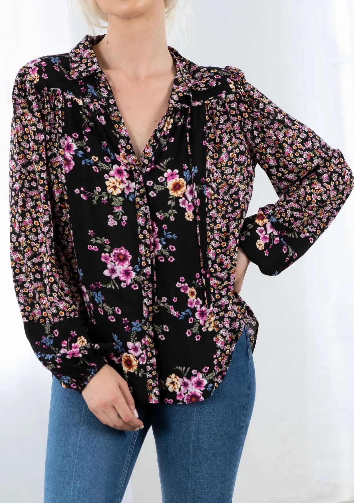 Mixed Challis Long Sleeve Button Front Top