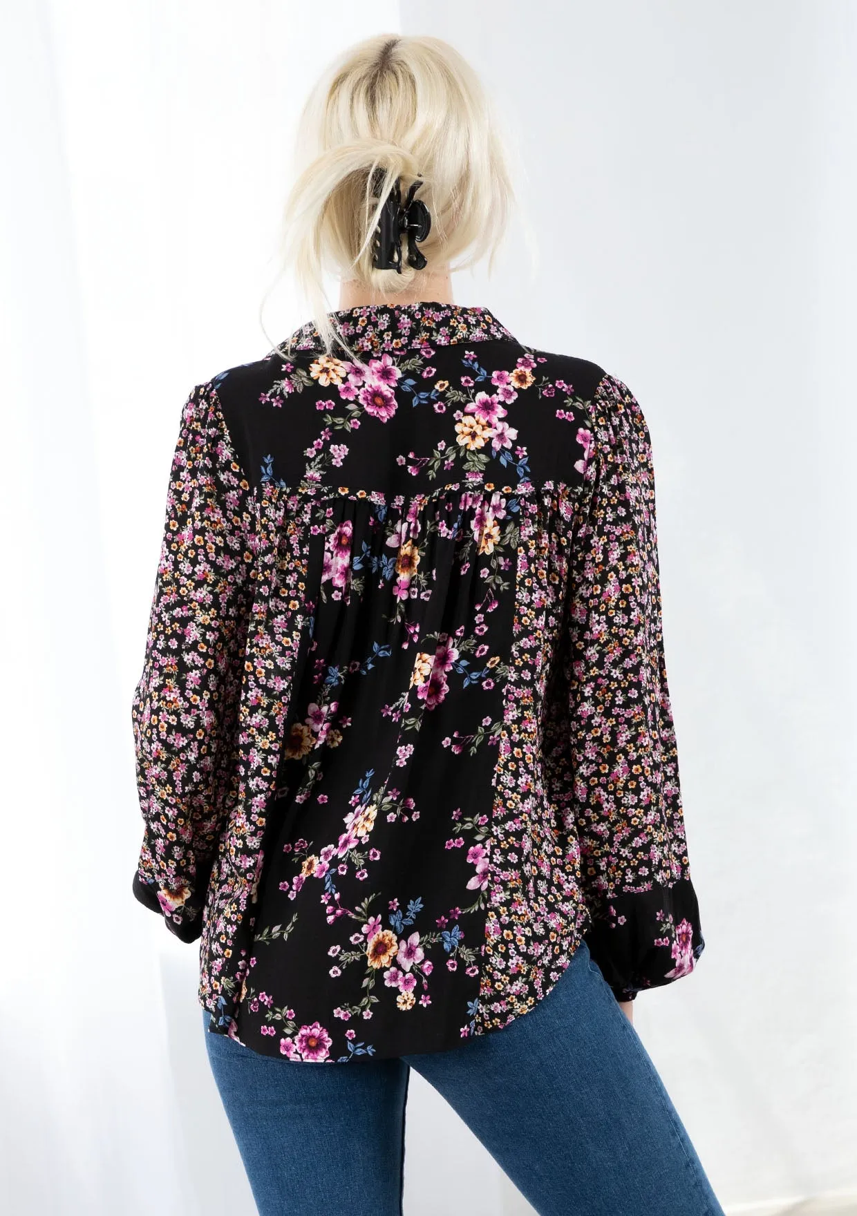 Mixed Challis Long Sleeve Button Front Top