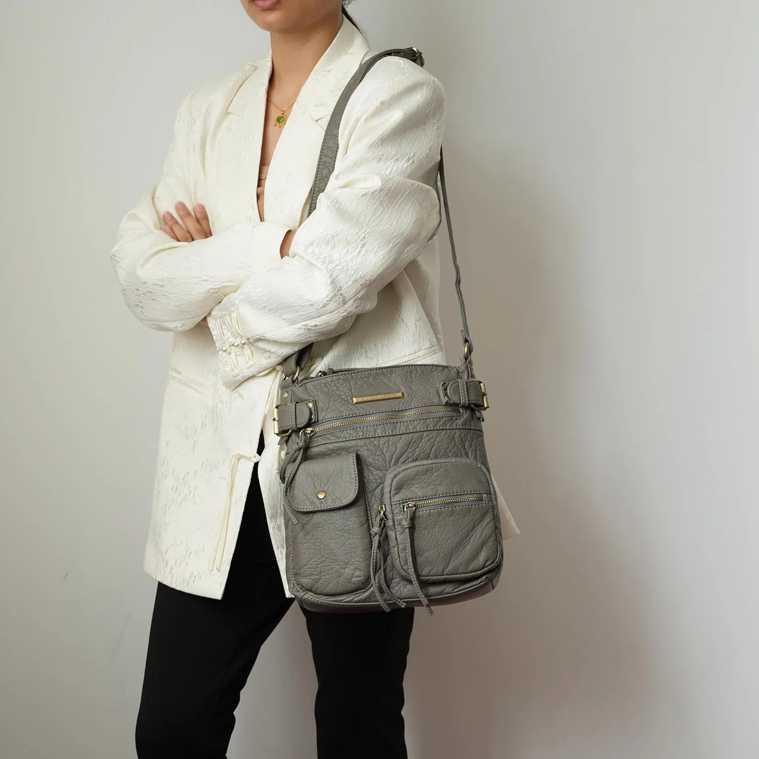 MKF Crossbody Bag for Women: PU Leather Tote Shoulder Bag, Soft Slouchy Handbag Purse, Lady Multi Pocket Pocketbook