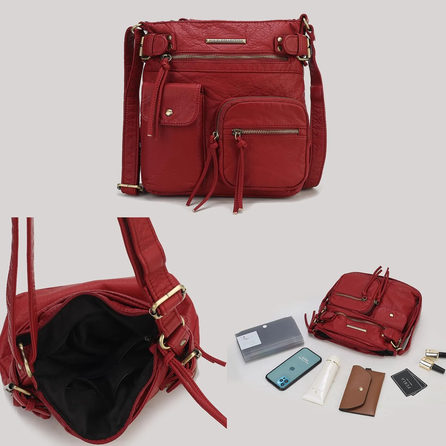 MKF Crossbody Bag for Women: PU Leather Tote Shoulder Bag, Soft Slouchy Handbag Purse, Lady Multi Pocket Pocketbook