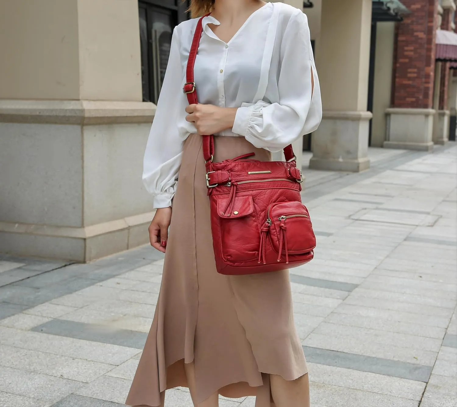 MKF Crossbody Bag for Women: PU Leather Tote Shoulder Bag, Soft Slouchy Handbag Purse, Lady Multi Pocket Pocketbook