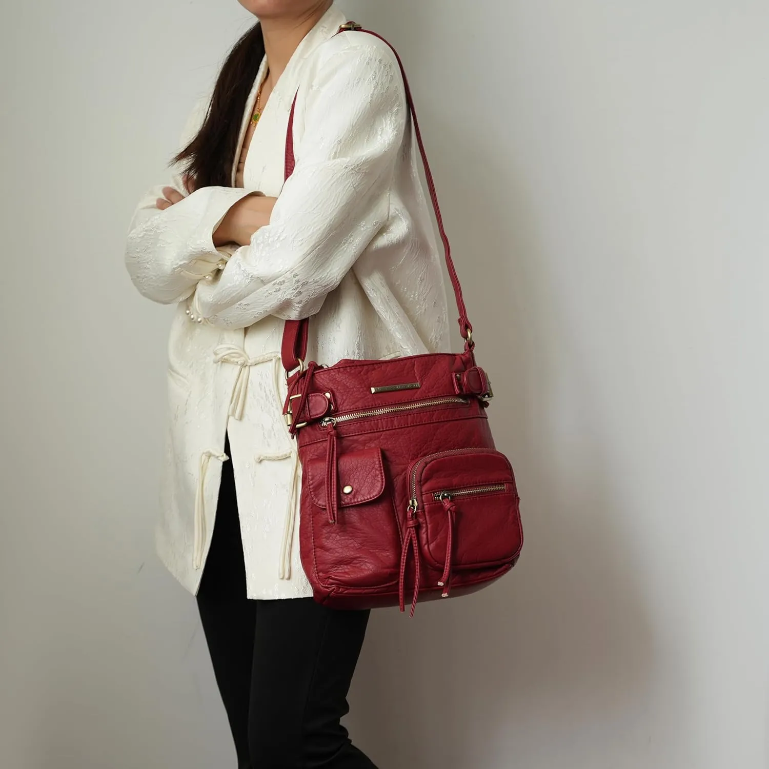 MKF Crossbody Bag for Women: PU Leather Tote Shoulder Bag, Soft Slouchy Handbag Purse, Lady Multi Pocket Pocketbook