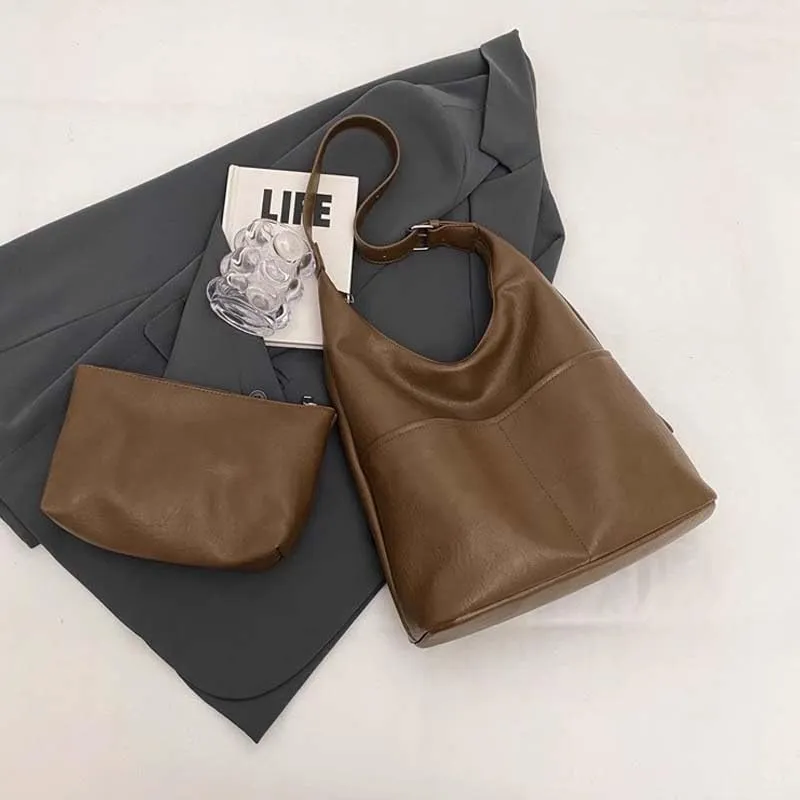 Molodo PU Leather Tote Bag for Women Slouchy Hobo Bag Casual Shoulder Bag Crossbody Bag Retro Soft Tote Handbag Purses