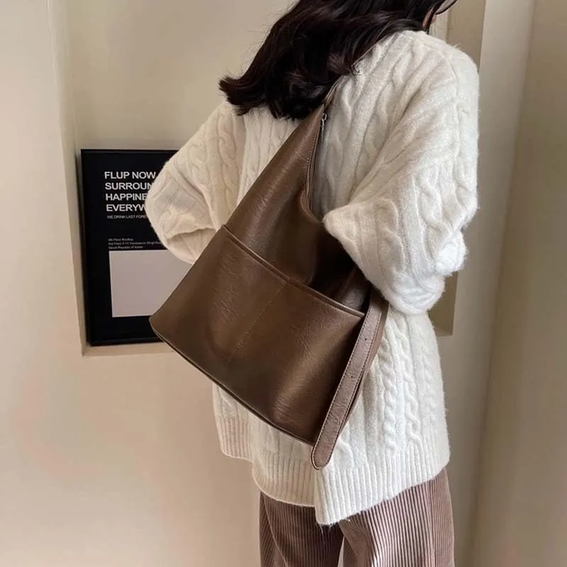 Molodo PU Leather Tote Bag for Women Slouchy Hobo Bag Casual Shoulder Bag Crossbody Bag Retro Soft Tote Handbag Purses