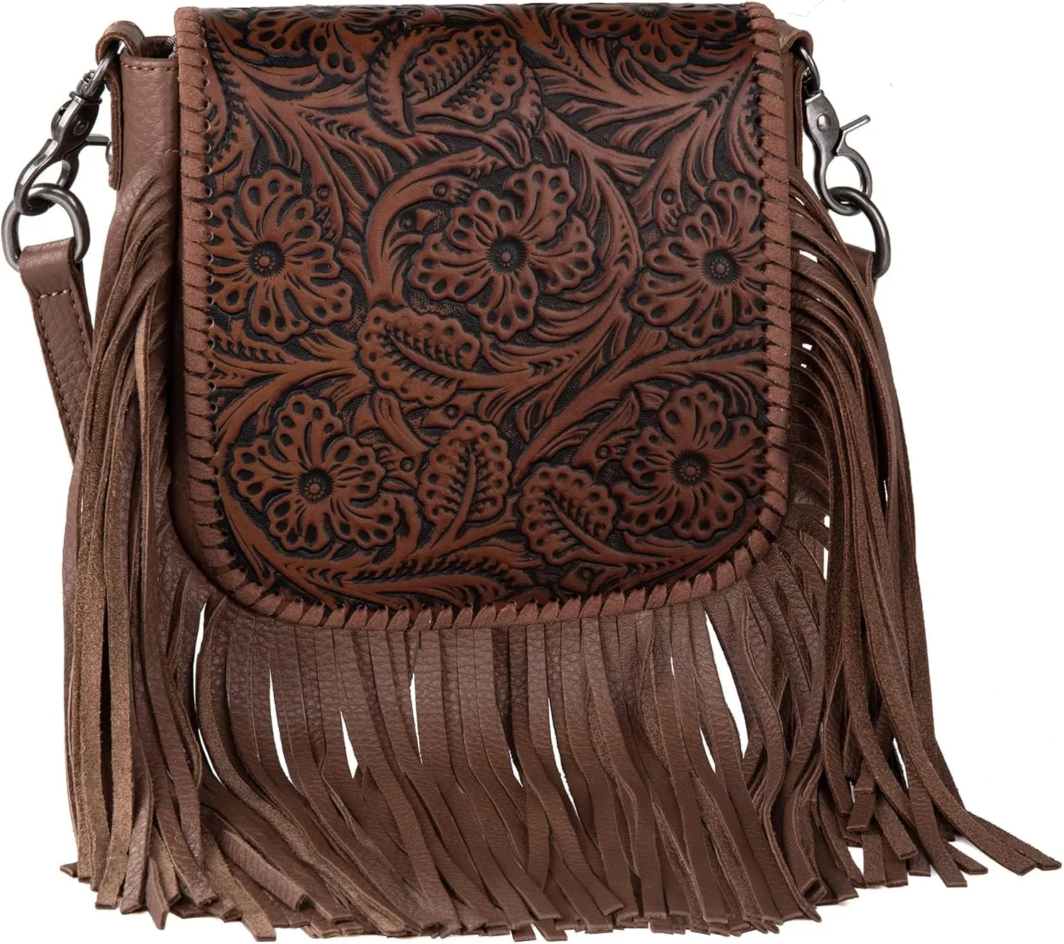Montana West Women's Crossbody Handbags Western Purses for Women Small Crossbody Bags Tooled Leather Fringe Purse Brown Western-RLC-L159BR