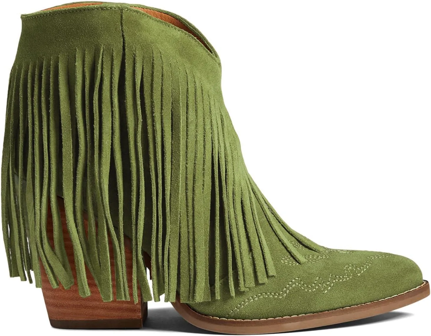 MOOMMO Women Tassel Western Booties Chunky Block Heel Suede Cowboy Ankle Boots Fringe Pointed Closed Toe V-Cut Stacked Heel Slip On Short Boots Cowgirl Embroidered Retro Vintage 4-11 M US