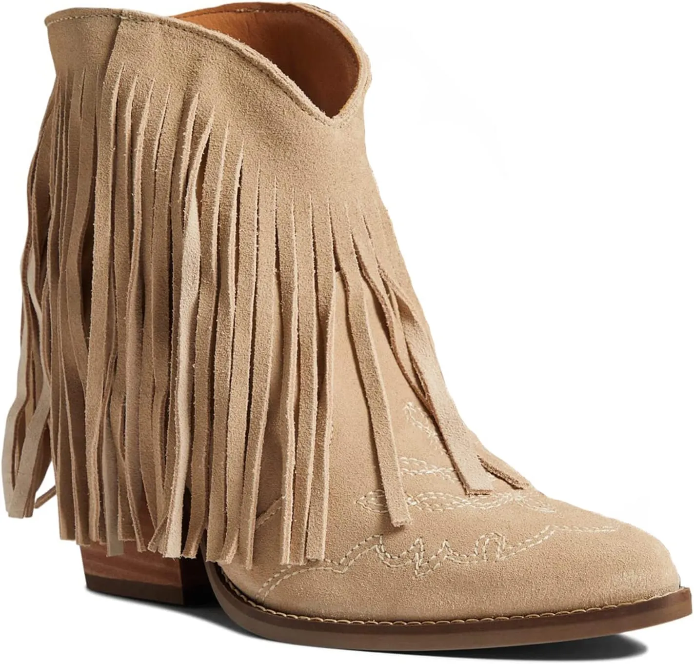 MOOMMO Women Tassel Western Booties Chunky Block Heel Suede Cowboy Ankle Boots Fringe Pointed Closed Toe V-Cut Stacked Heel Slip On Short Boots Cowgirl Embroidered Retro Vintage 4-11 M US