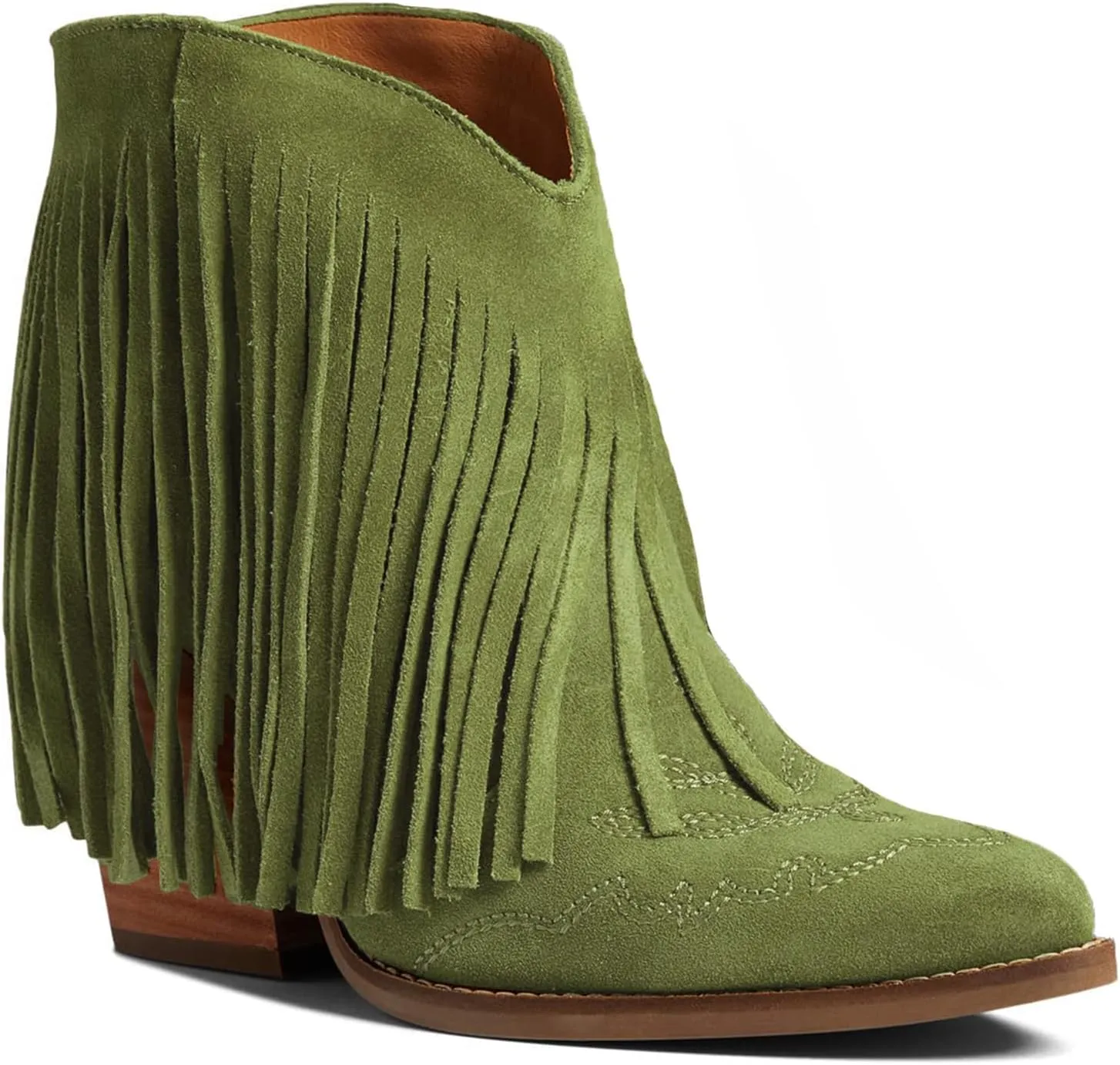 MOOMMO Women Tassel Western Booties Chunky Block Heel Suede Cowboy Ankle Boots Fringe Pointed Closed Toe V-Cut Stacked Heel Slip On Short Boots Cowgirl Embroidered Retro Vintage 4-11 M US